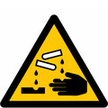Advarsel, ætsende stoffer, batterisyre (symbol, gul)